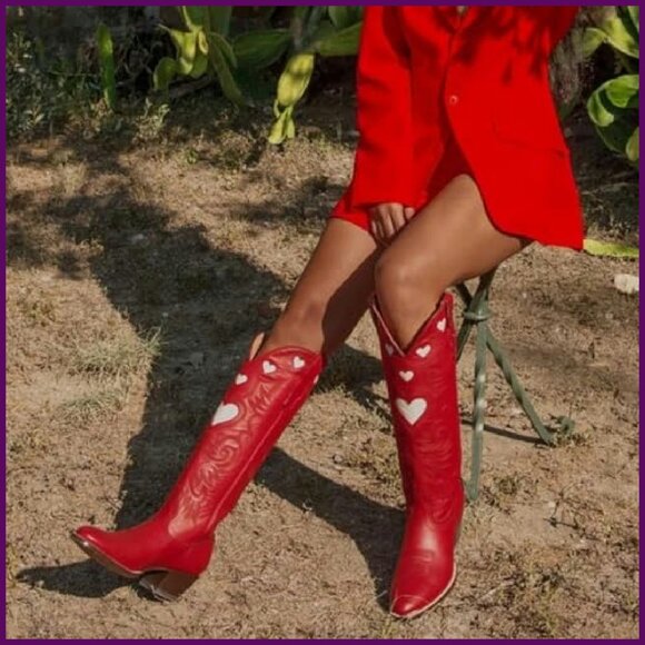Women's Knee High Cowboy Boots Wide Calf Round Toe Chunky Heel Embroidered - Picture 4 of 8
